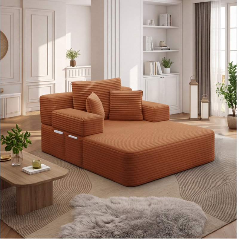 Très grand canapé-lit en velours côtelé sans cadre avec 6 coussins et poches de rangement, orange