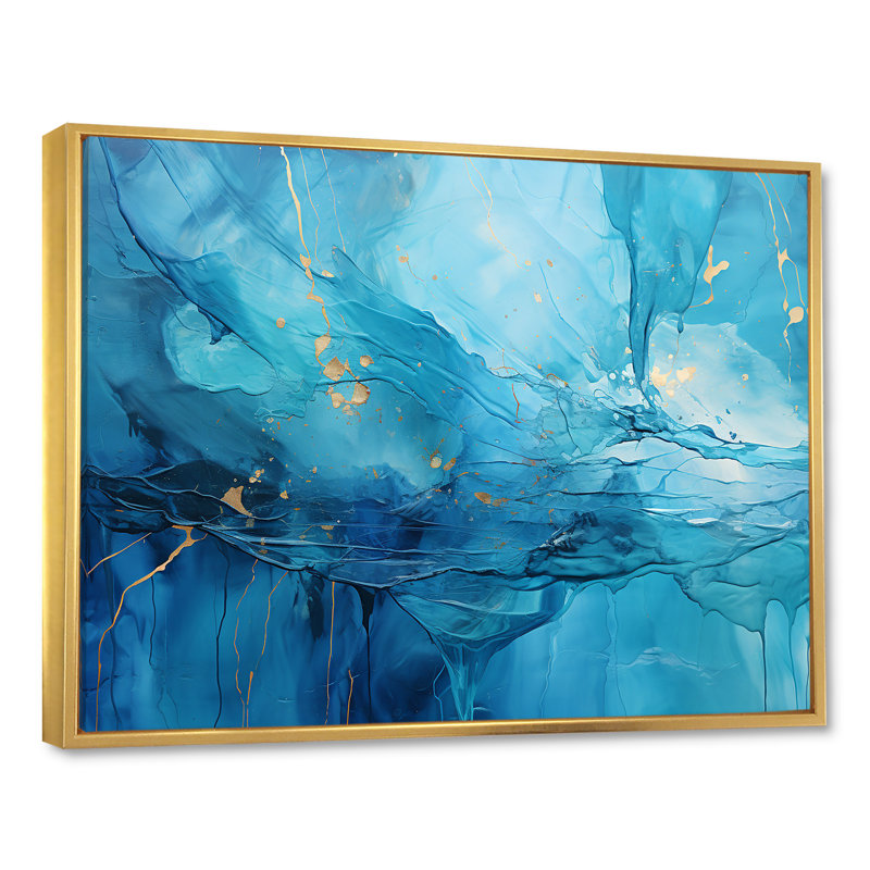 «Blue and White Cool Water Drip - Abstract Collages Wall Art Living Room», Cadre flottant doré, H 12 po x l 20 po x P 1 po
