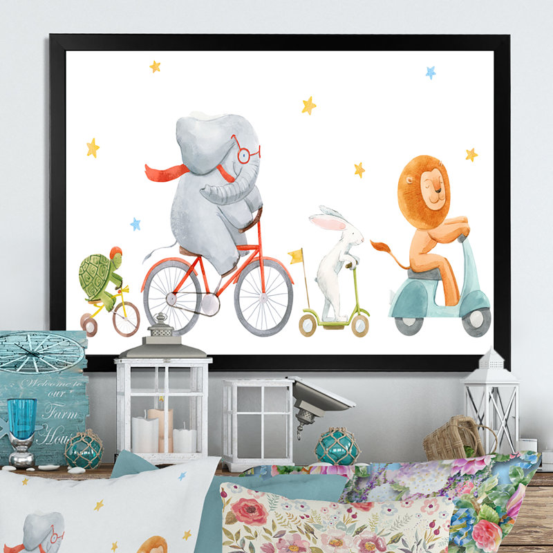 Mignons animaux à bicyclette - Art mural sur toile traditionnel, H 12 po x l 20 po x P 1 po, Cadre d'angle fermé noir