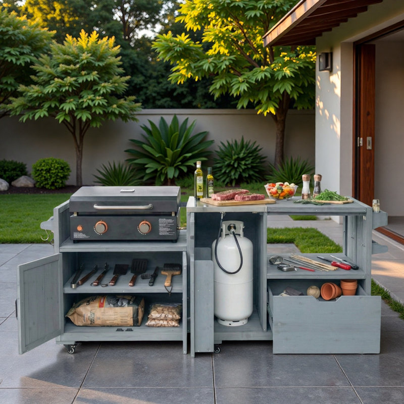 Îlot de cuisine extérieur avec plateau en acier inoxydable, tiroir, table d'appoint réglable, porte-serviettes en papier et support à épices