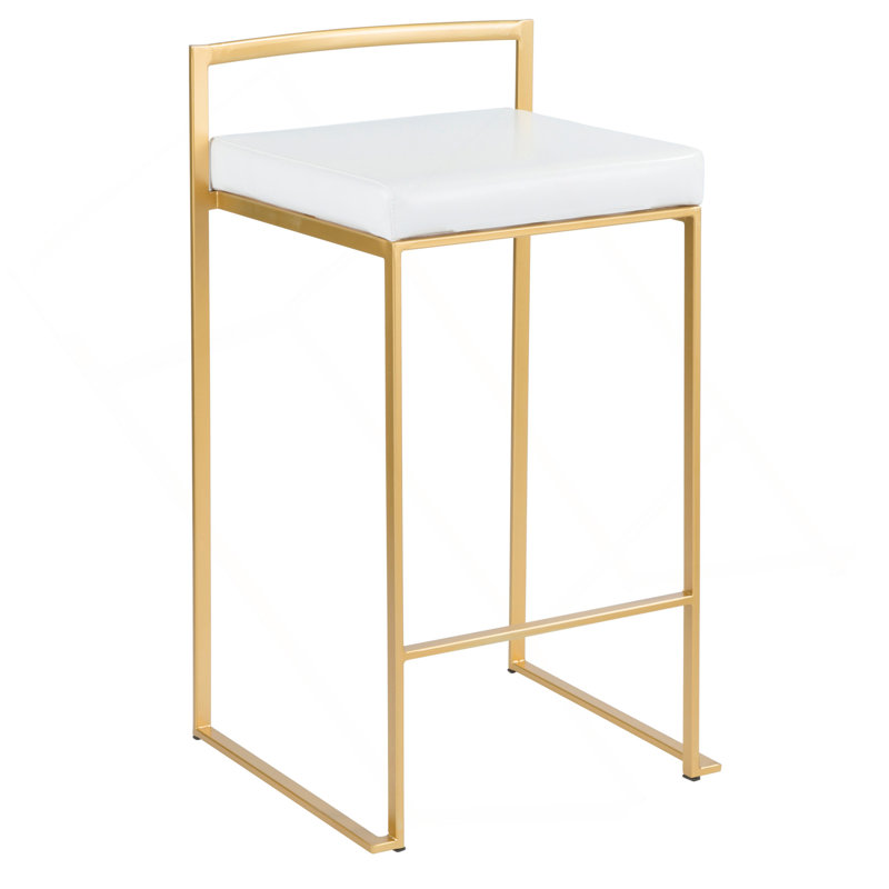 Tabouret de comptoir contemporain 26 "en métal doré avec similicuir blanc Fuji par Lumisource - ensemble de 3, Blanc