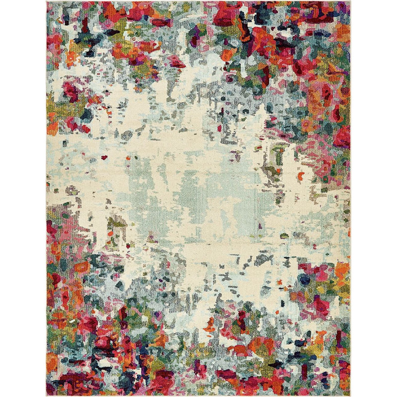Tapis rouge / bleu / crème à motif géométrique Quinlin, Rectangle 8 pi x 10 pi