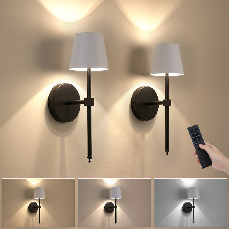 Dimmable Armed Wall Sconces Wireless Empire Metal Shade Black and White Fixture for Mirror Painting, Black/White