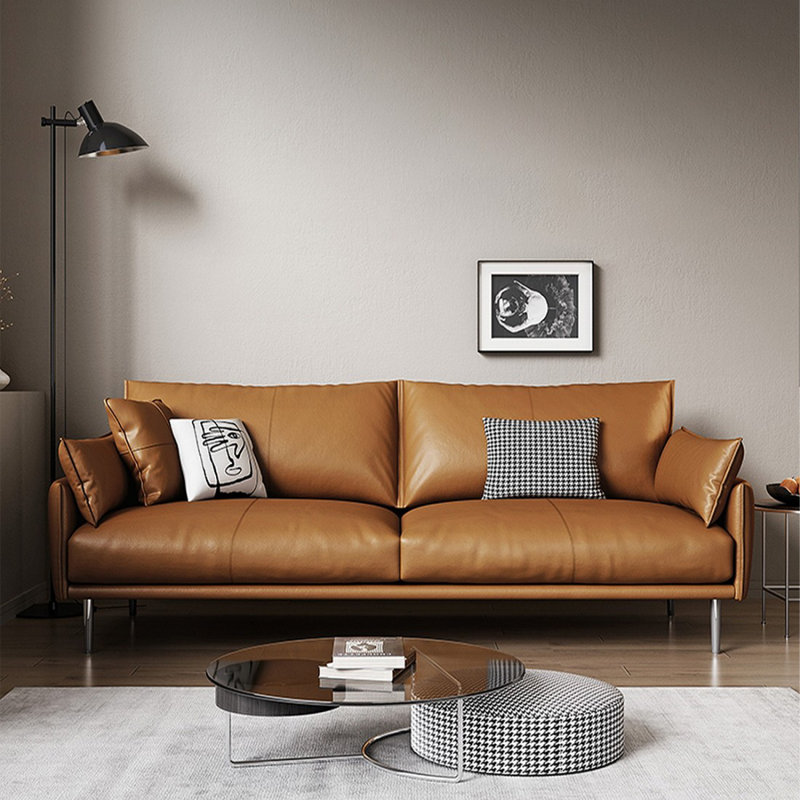 Causeuse coussin orange en cuir véritable, H 33,46 po x l 70,87 po x P 37,4 po