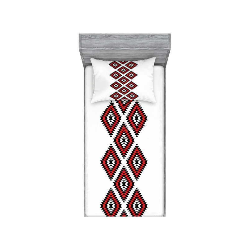 White and Vermilion Geometric Microfiber Twin Sheet Set