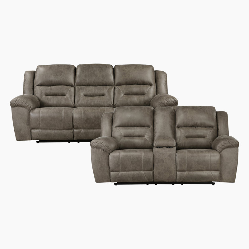 Hamisi Transitional Polished Microfiber 2-Piece Manual Reclining Set with Center Storage Console, Effortless Tab Pull Motion & High-Density Foam Seating