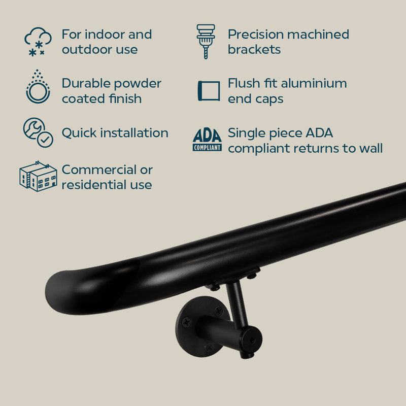 Industrial Aluminum 1.5 Inch Round Ada Complete Indoor/outdoor Straight Handrail Grab Bar Kit, Returns To Wall, Satin Black