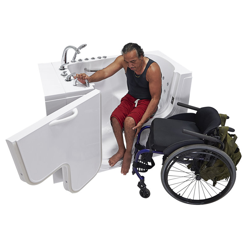 Ella Wheelchair Transfer 30"x52" Acrylic Hydro Massage w/ Independent Foot Massage Walk-In Bathtub, Left Outward Swing Door, 5 Piece Fast Fill Faucet, 2" Dual Drain