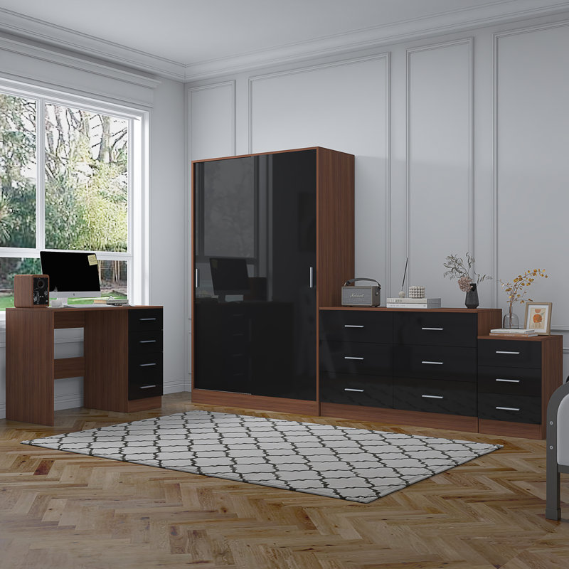 Eva Piece Bedroom Set, Black Gloss / Walnut