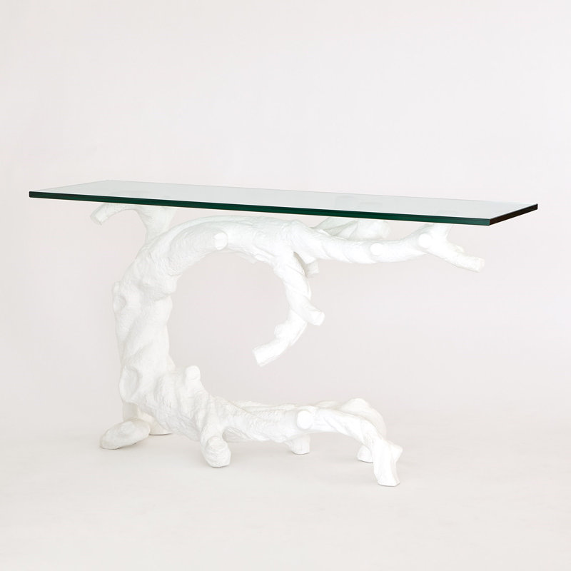 Twisted Juniper Matte White Cast Aluminum Console with Tempered Glass Top