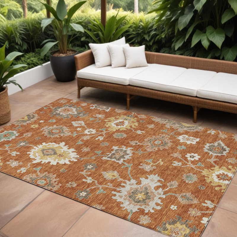 Tapis extérieur lavable floral orange ivoire et gris 9 pi x 12 pi