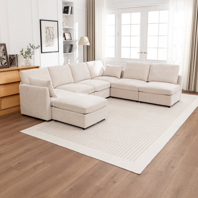 Canapé modulaire rembourré en U avec repose-pieds de rangement 7 pièces Miller, Beige