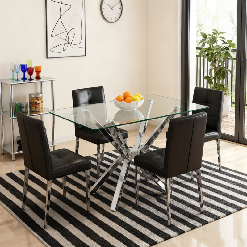 47.24" Rectangular Tempered Glass Dining Table With Silver Metal Legs, Silver