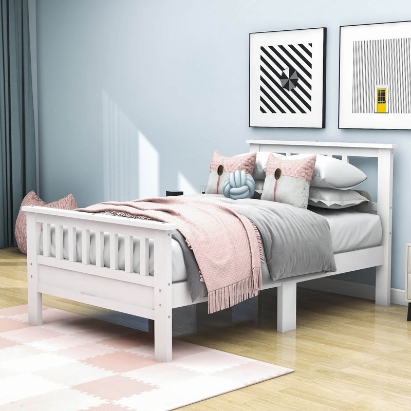 Wooden Platform Bed With Headboard, White, Twin
