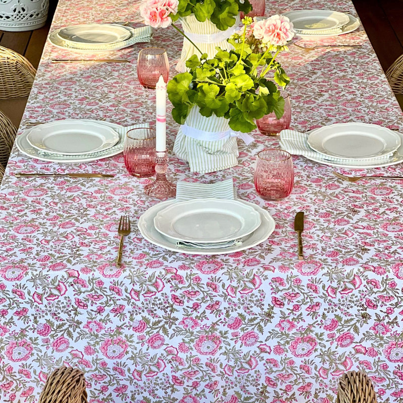 Beatrice Round Tablecloth - Pink And Green, 60" D x 120" L
