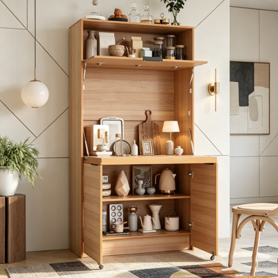 Buffet 69 po avec huche et poste de travail pliable, armoire de rangement multifonctionnelle avec tablette réglable et prise de courant