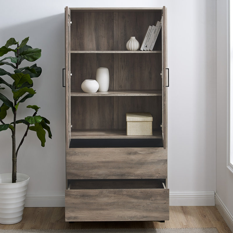 Jimi Glass Door China Cabinet with Lower Drawer Storage, Gray Wash