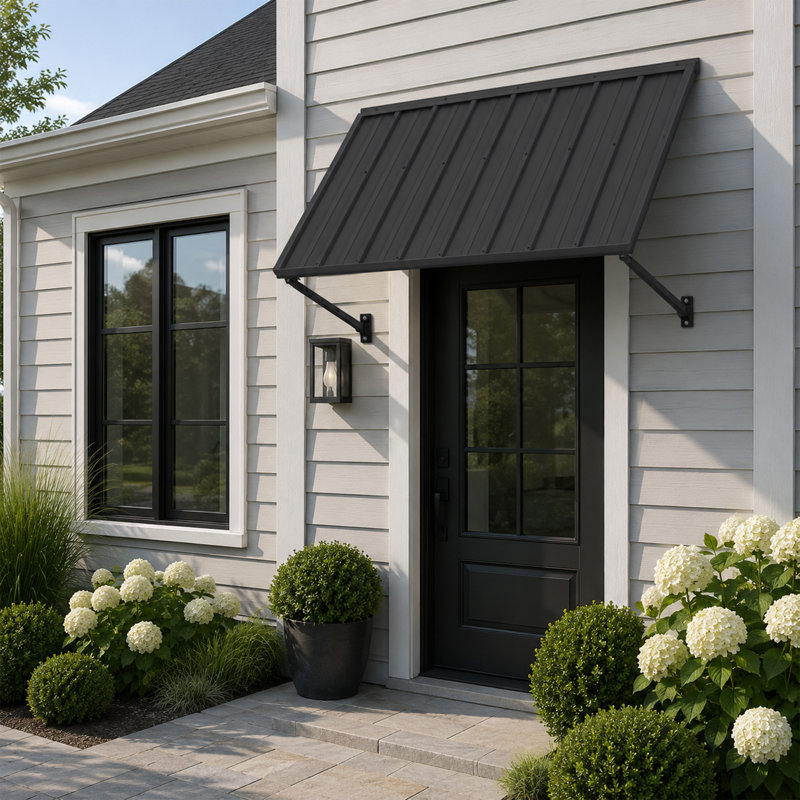Auvent de porte réglable Kozyard - inclinable à 4 niveaux, panneau incliné de 55 po x 32 po, projection réglable de 22 à 31 po, cadre en aluminium et auvent en métal, protection contre les intempéries, la neige et les rayons UV Protection gris foncé