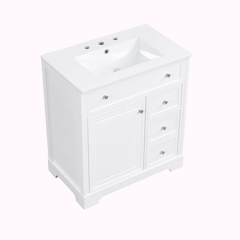 Meuble-lavabo simple 30 po avec plateau en céramique Bayview, Blanc / Blanc