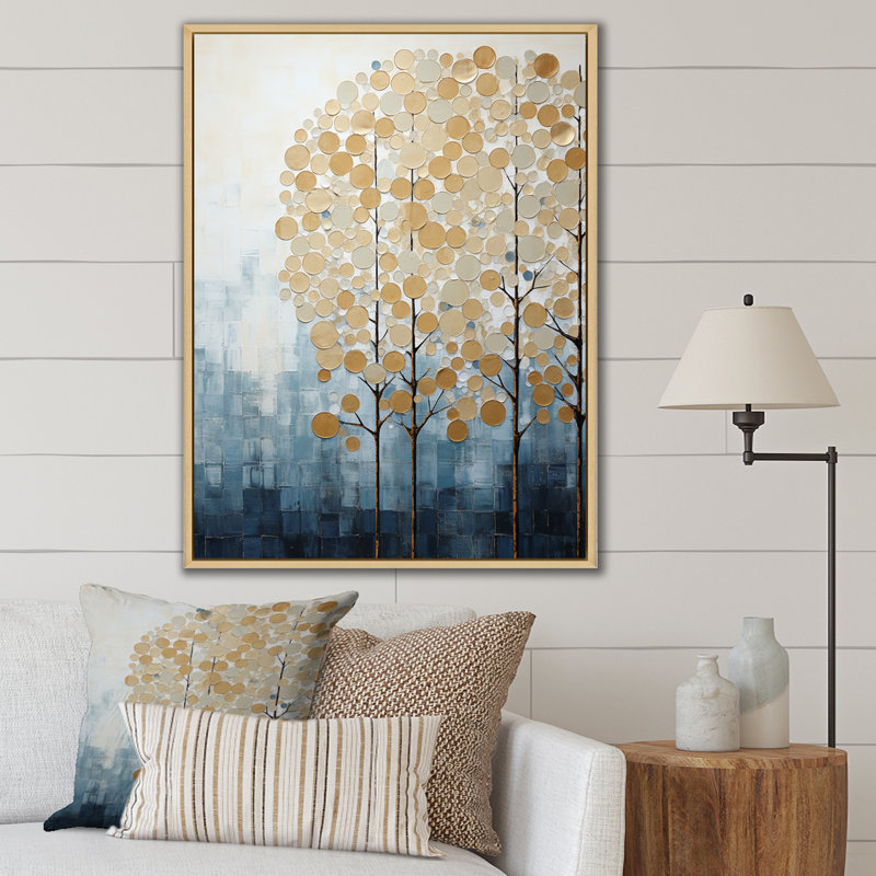 Minimalisme, paysages d'arbres bleus et dorés, impression sur toile, 20" H x 12" W, Gold Picture Framed