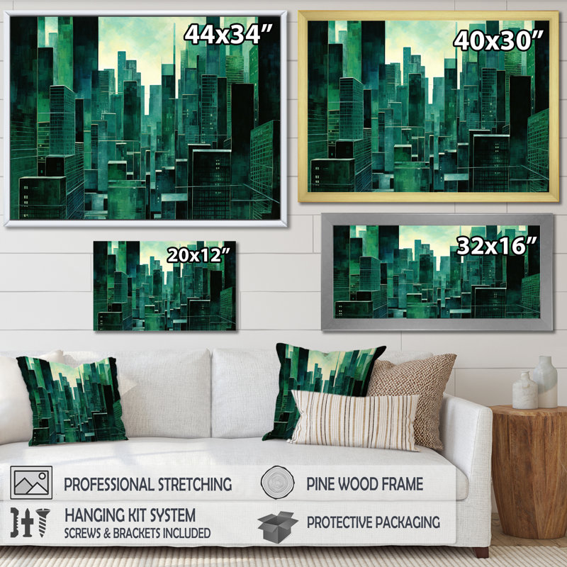 «Jade Juxtaposition Green Skyscraper Cityscape», impression sur toile, H 30 po x l 40 po x P 1,5 po, Toile tendue