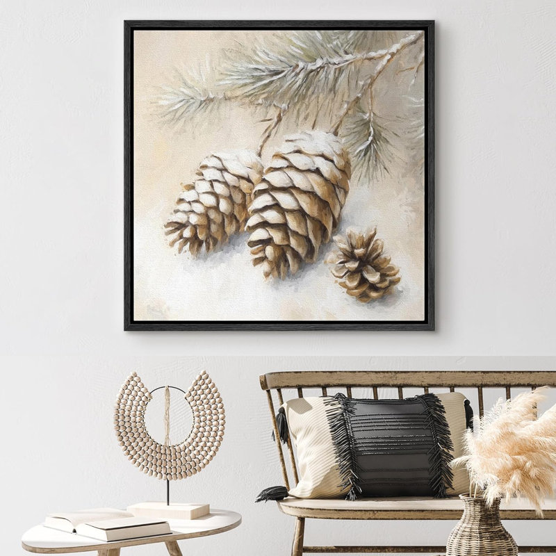 Christmas Pinecone Rustic Christmas Winter Chrismas Holiday Decor Framed Canvas Print Wall Art, 16" H x 16" W, Black