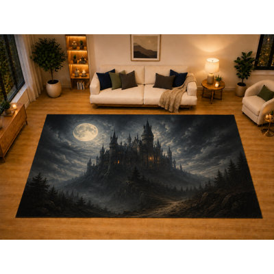 Tapis gothique pleine lune «Ultra Léger» 6 pi 7 po x 9 pi 10 po pour chambre de salon, envers antidérapant doux à poils courts, décor fantaisie noir et gris