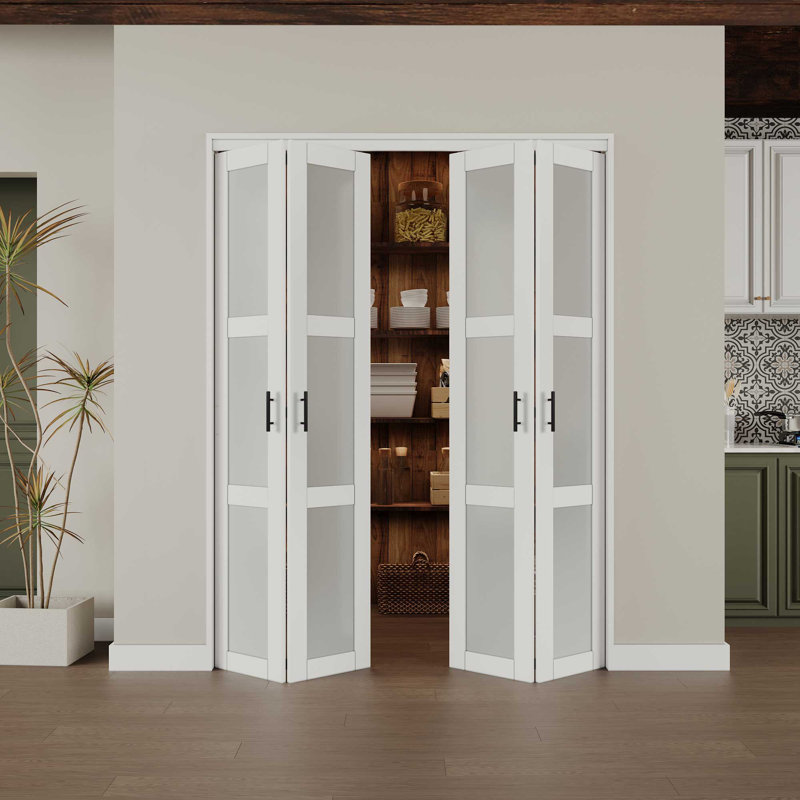 60 in. x 80 in. White MDF Bi-Fold Door with Frosted Glass Panels