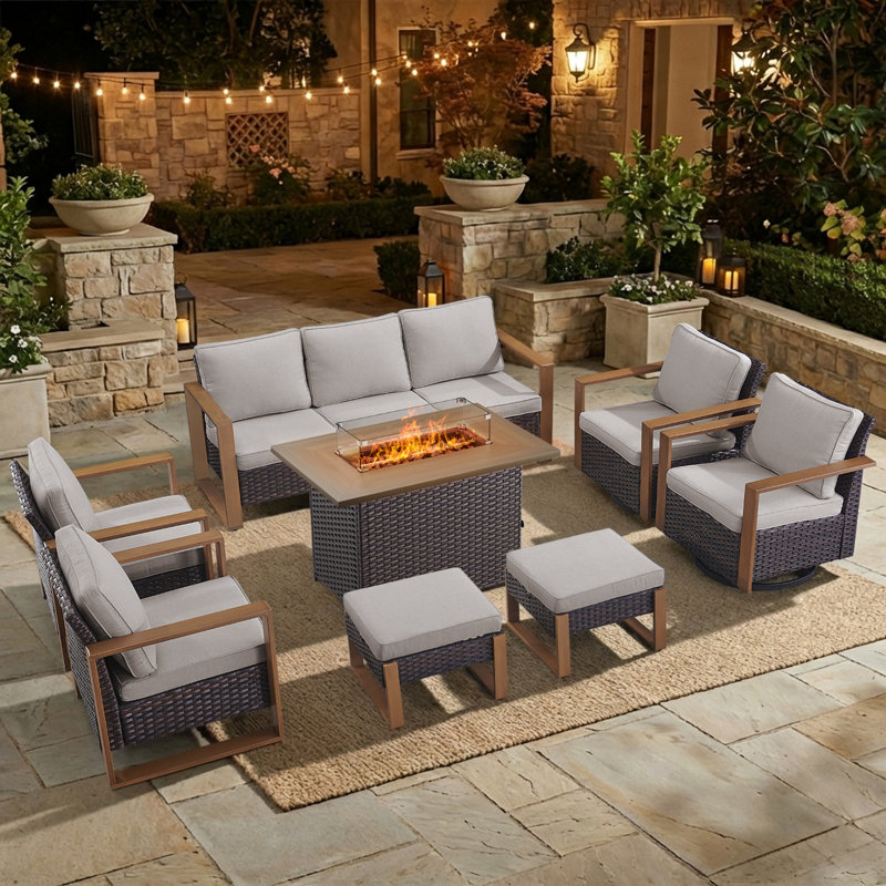 8-Piece Outdoor Modern Patio Family Conversation Set With Fire Pit Table, Beige, Brown