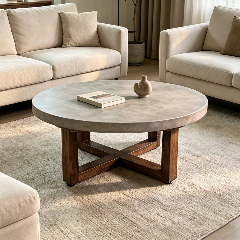 Solid Wood Coffee Table with Concrete-Look Finish