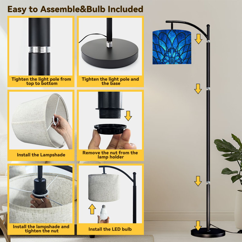 Lampe sur pied en arc en verre teinté bleu pour un design moderne et luxueux avec lampes à DEL avec télécommande et abat-jour réglables