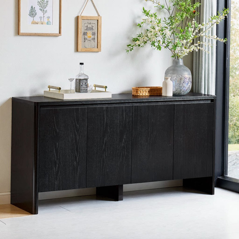 Buffet Bargamin Mid-Century avec tablettes réglables et trous de sortie, Noir