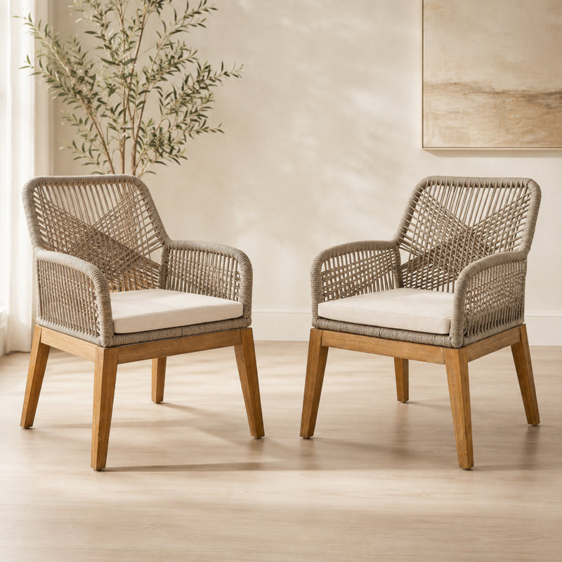Jana Upholstered Kitchen & Dining Chairs - Solid Wood All-Weather Patio Armchairs (Set of 2), Beige