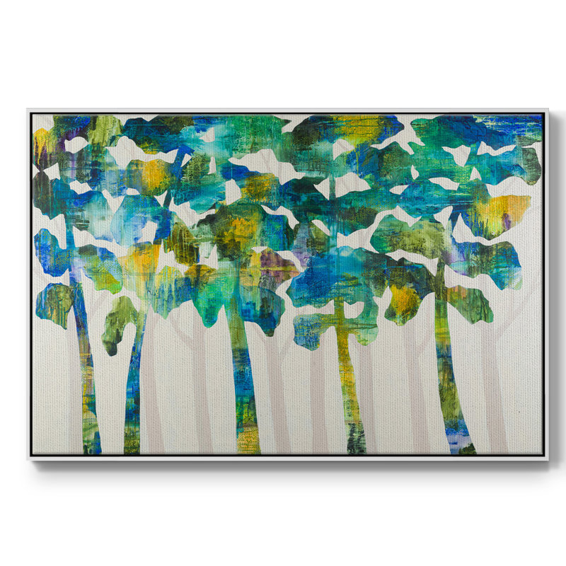 Tall Trees VII - peinture sur toile tendue, H 37 po x l 25 po x P 2 po, Cadre blanc