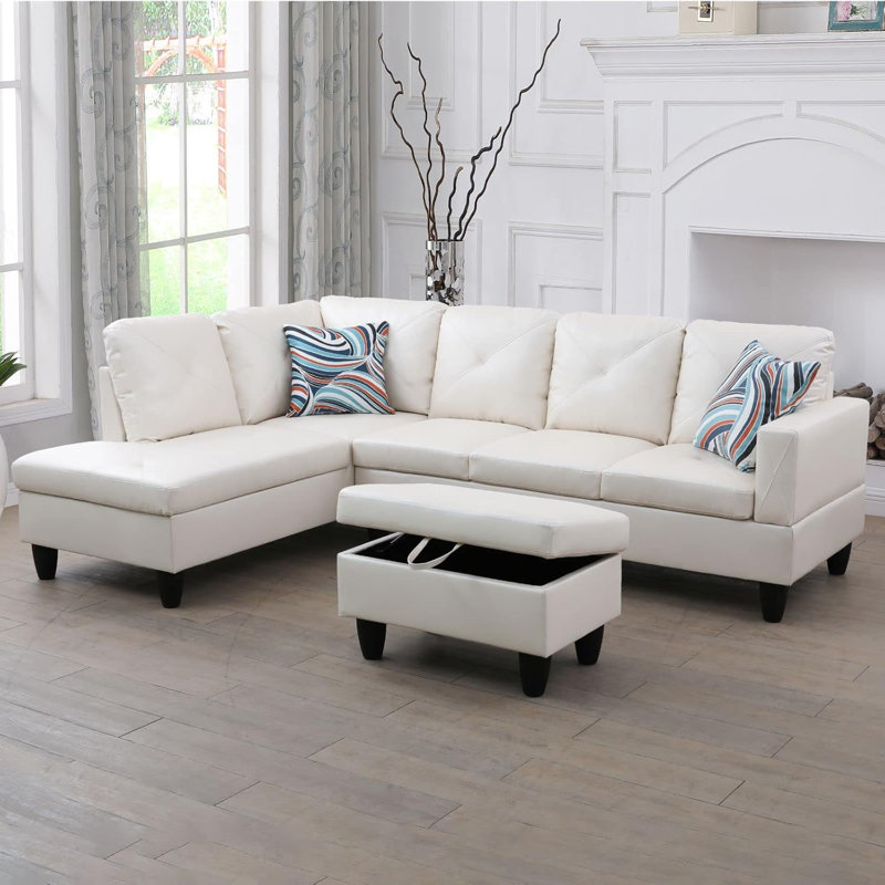 Canapé modulaire en flanelle 3 pièces, Tissu blanc, Orienté à gauche (vu de face)
