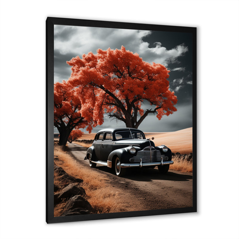 «Vintage Car Road», art mural sur toile floral, H 32 po x l 16 po x P 1 po, Cadre photo noir