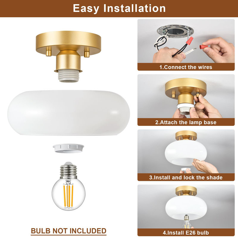 Plafonnier semi-encastré de style moderne Mid-Century doré, luminaire de cuisine avec abat-jour en verre, plafonnier blanc rétro pour salle de bain de vestibule (11,0 po)