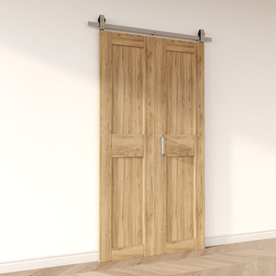 Brushed Nickel Color Bi-Folding Sliding Barn Door Hardware Top Mount Two Doors Kit - T-shape Design Roller (Doors Not Included)