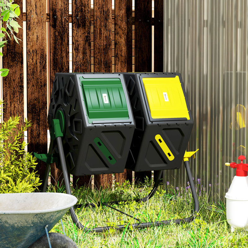 Composteur 34,5 gallons, bac à compost à deux compartiments, jaune et vert