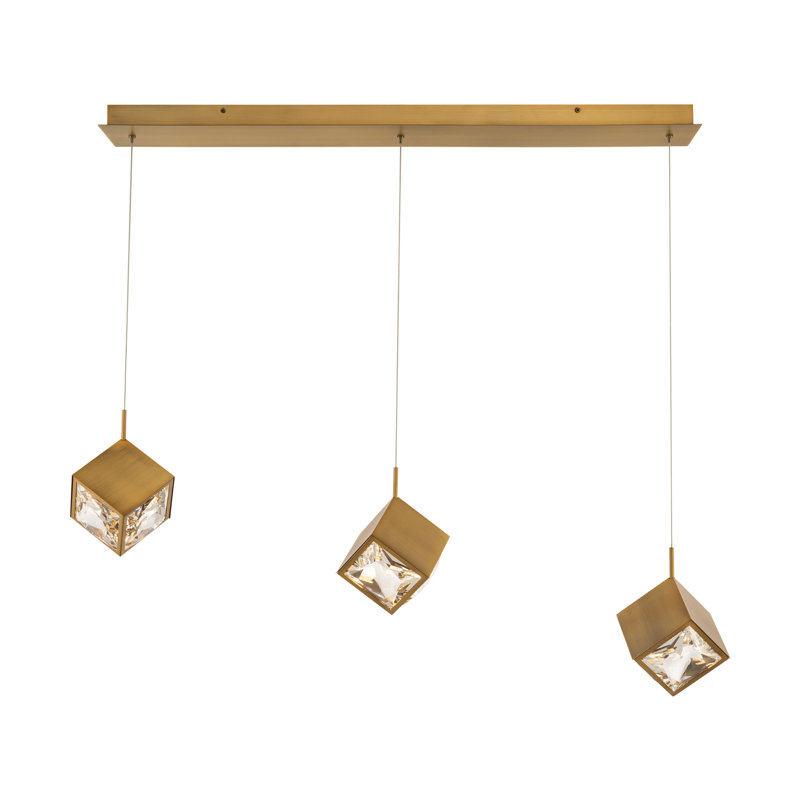 Aged Brass Crystal LED 3-Light Linear Pendant