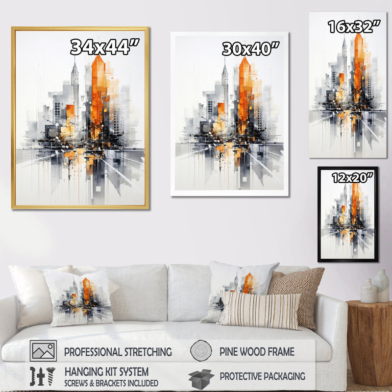 «Jaenelle Orange Grey Minimalisme Urban Rhythm III», reproduction sur toile, Encadrement doré, H 32 po x l 16 po x P 1 po