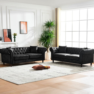 European Style 3+3 Seater Black With Throw Pillows, Tech Fabric, And Spring - Padded Cushions For Office Apartment 6 Seat Roll , Family Movie Nights In