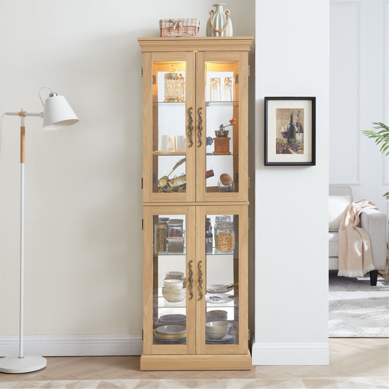 Lighted Storage Cabinet With Elegant Style - Oak Exquisite Display For Living Room