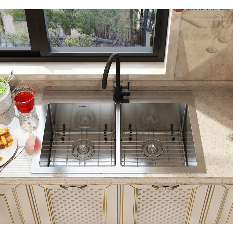 Évier de cuisine à double cuve encastrée en acier inoxydable 33 po x l 22 po avec robinet de cuisine, Noir mat