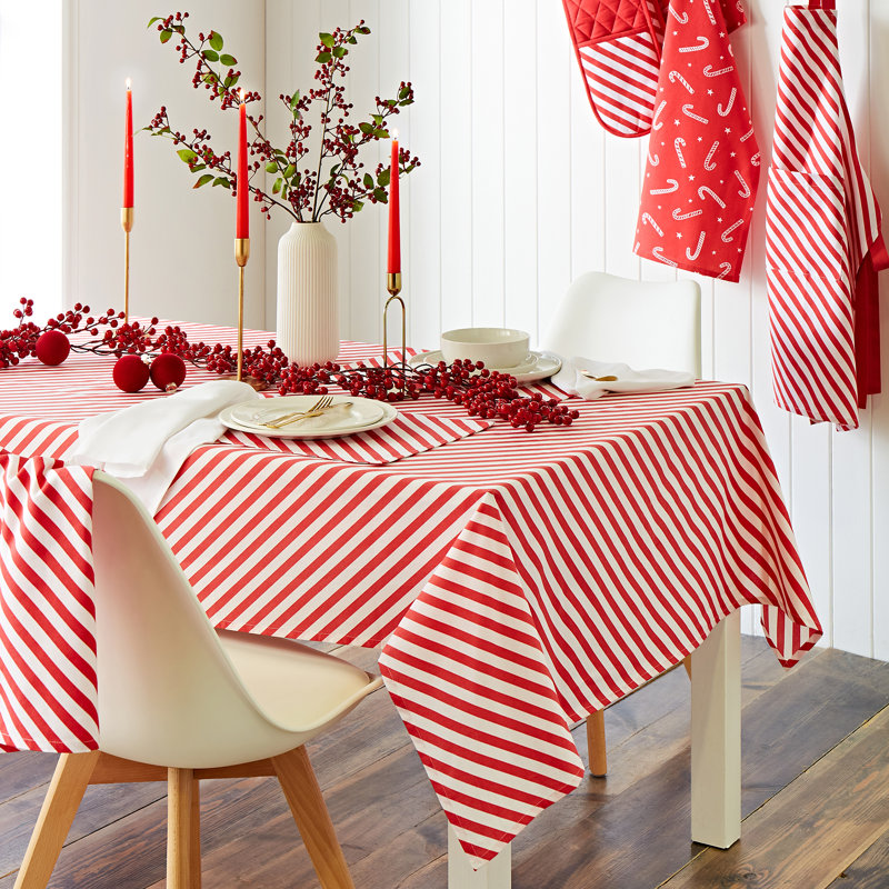 Christmas Candy Cane Cotton Table Cloth, 137cm W x 229cm L