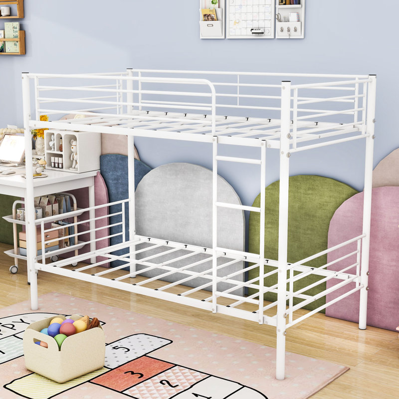 Twin Over Twin Bunk Bed Metal Frame With Ladder And Guardrails, White