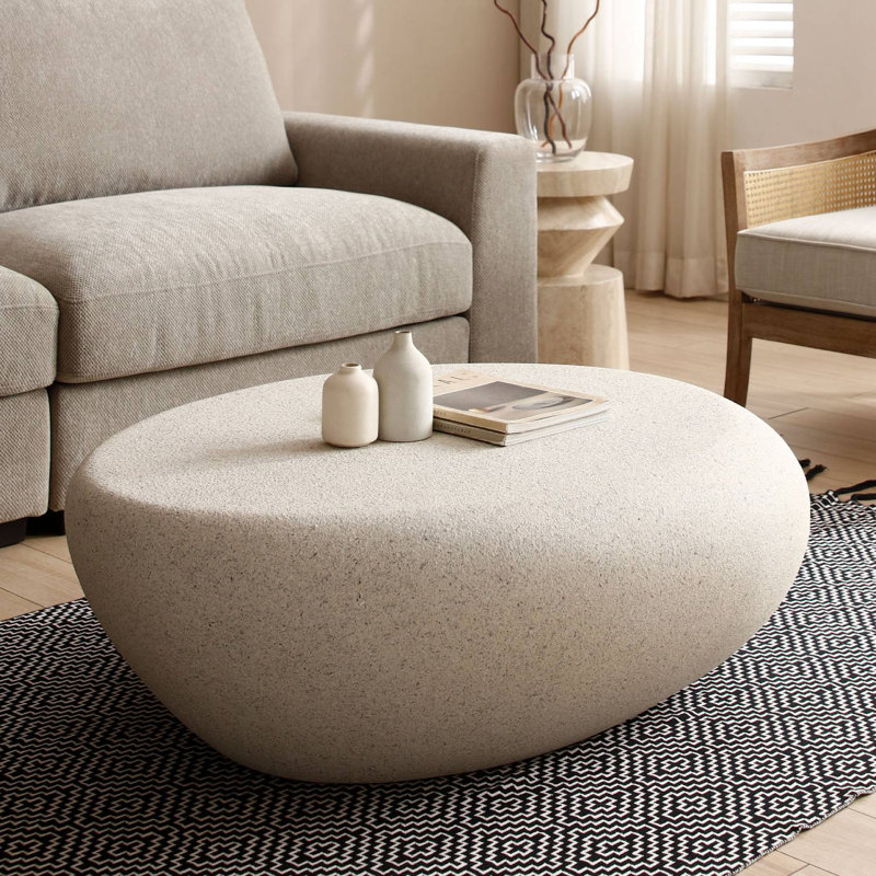  Irregular Oval Coffee Table Faux Stone Table, 14.17" H x 43.3" L x 32.67" W, Cream