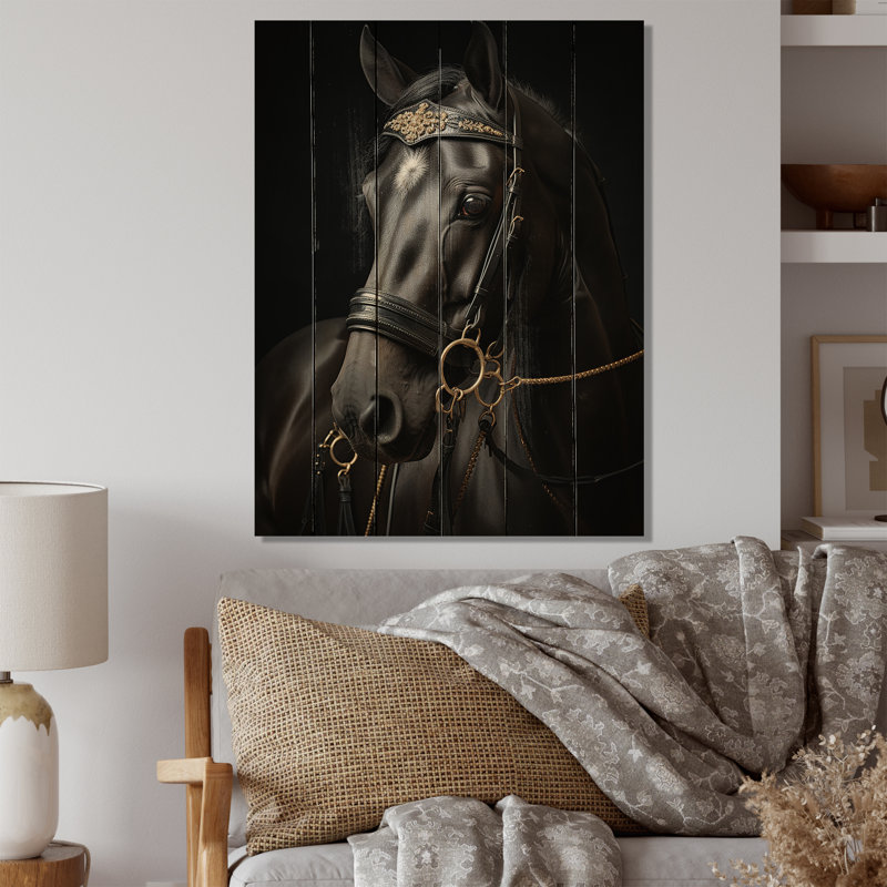 Cheval noir doré doré, équestre doré I sur bois, H 40 po x l 30 po x P 0,78 po