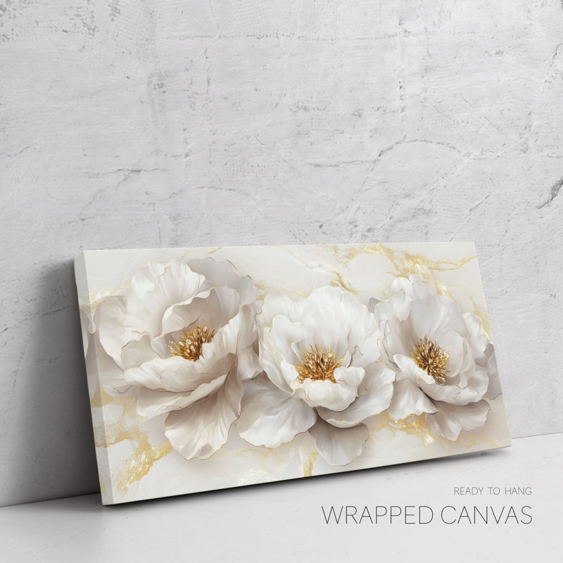 Grand art mural floral sur toile, décor de chambre à coucher moderne neutre, pivoine, H 24 po x l 48 po x P 1,5 po