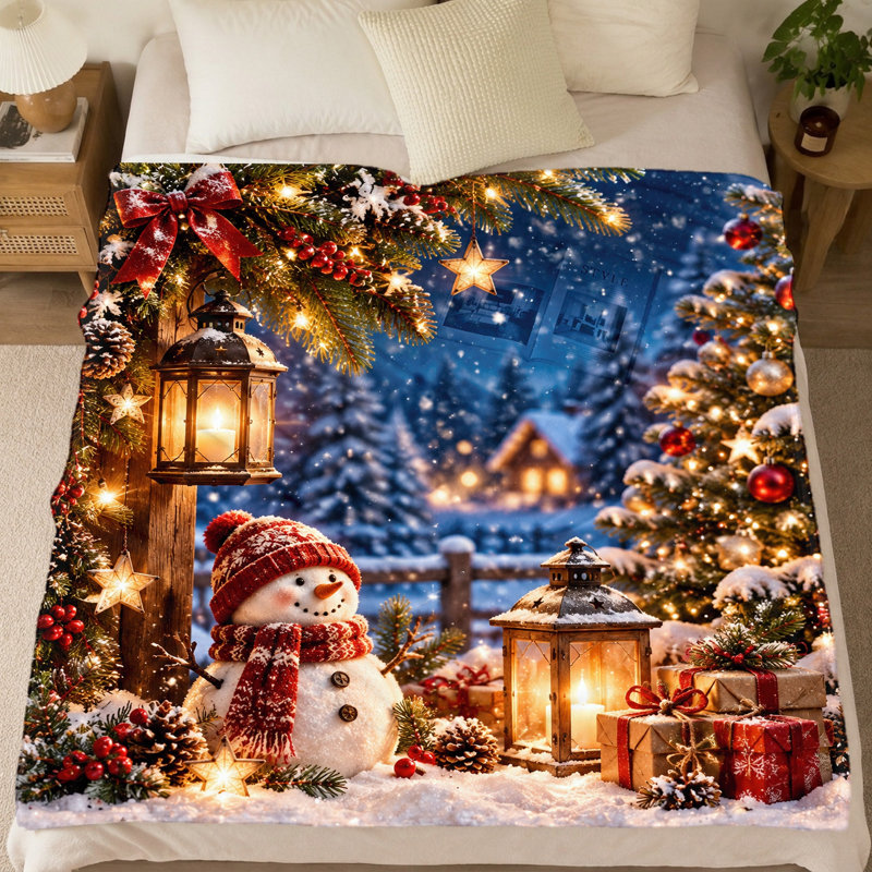 1Pcs Christmas Snowman Scene Flannel Blanket – Festive Winter Holiday Design;Single-Sided PrintCozy and Warm ThrowIdeal for Home Decor SofaPerfect SeasonMachine WashableMakes a Great Gift. Bedding item